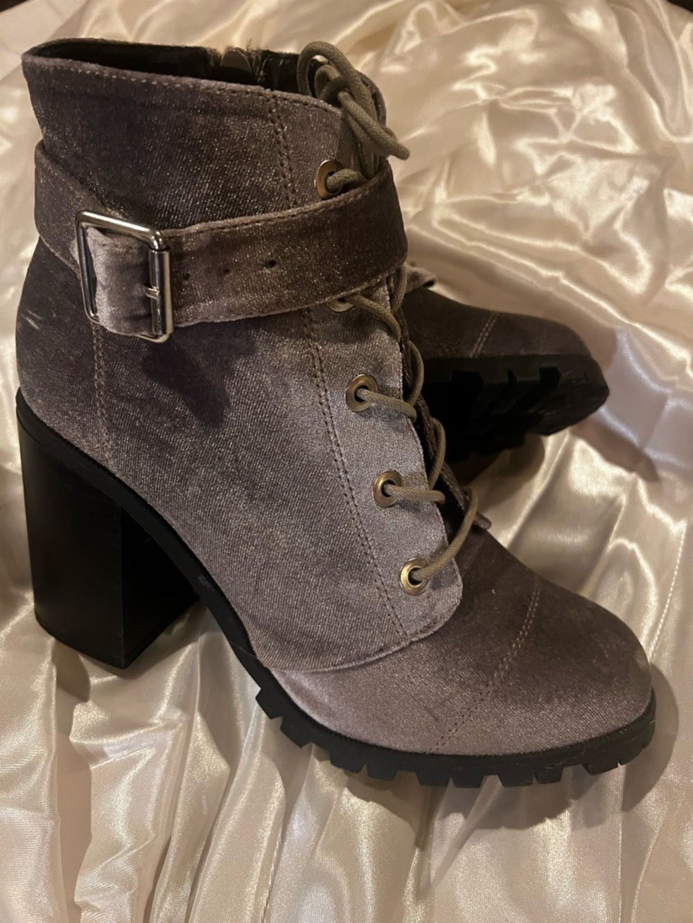 Charlotte Russe Lavender Velvet Lace-Up Buckle Block Heel Ankle Boots